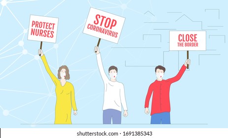 Vector illustration in cartoon style. People in face masks are protesting against epidemic Code 19. Stop the coronavirus. Molecular background. Design for website, banners, templates, posters