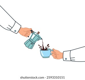 Vector illustration in cartoon style with people pouring coffee for breakfast from a coffee maker. White background isolated.