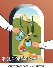 Vector illustration in cartoon style with people pouring coffee for breakfast from a coffee maker. Italy landscape background