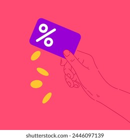 Ilustración vectorial en un estilo de dibujos animados. La mano de la persona tiene una tarjeta de crédito. La Ilustración vectorial se dibuja a mano.