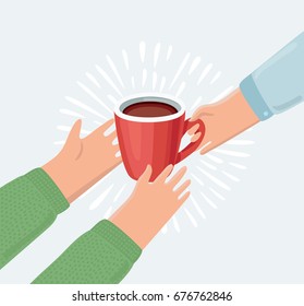 Vector illustration in cartoon style with persons gives another a Cup of coffee or tea from hand to hand. Help to the needy, humanity, charity, vulnerable sectors of society. 