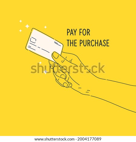 Vector illustration in a cartoon style. The persons hand is holding a credit card.