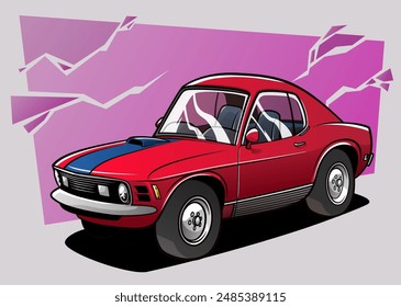 vector illustration in cartoon style. A picture of a red Ford Mustang with a blue stripe behind a pink cracked wall.