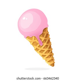 Vector illustration in cartoon style. Pink ball of ice cream in the waffle cone. Decoration for menus, signboards, showcases, prints for clothes, posters, wallpapers