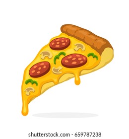 Vector illustration in cartoon style. Pizza slice with melted cheese pepperoni and mushrooms. Unhealthy food. Decoration for patches, prints for clothes, badges, posters, emblems, menus