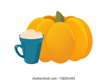 Vector illustration in a cartoon style for Pumpkin Spice Latte also called PSL promotion. Big Pumpkin and a mug of Latte coffee with foam or whipped cream isolated. 