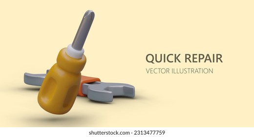 Vector illustration in cartoon style with realistic repair tool kit. 3d screwdriver and wrench. Colored product of instrument for poster or online store. Colorful vector illustration