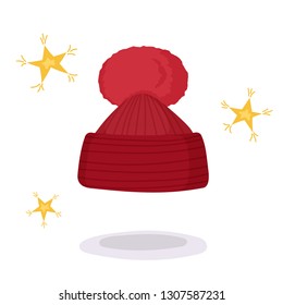 Vector illustration in cartoon style. Red cartoon winter hat with little stars. Fashion illustration, greeting card with clothes.