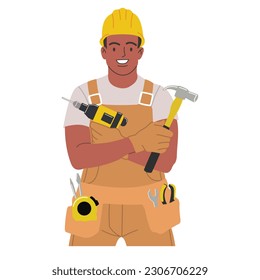 Vector illustration cartoon style of repairman,standing with arms crossed, confident posture, wearing a worker uniform in handholding equipment for home repairs isolated on white background