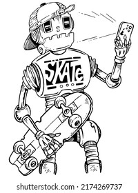 Vector illustration in cartoon style of robot skater taking selfie.