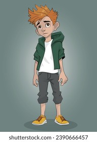 Vector illustration in cartoon style of a sad boy with a red forelock on his head. The boy is wearing a green jacket, gray breeches and sneakers.