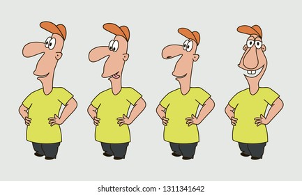 Vector illustration in cartoon style. A set of male emotions on the face. The man in the cap Emoji character with different expressions.