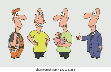 Vector illustration in cartoon style. 
A set of male emotions on the face. The man in the jacket, builder, an electrician with an Emoji character with different expressions.
