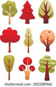 Vector Illustration. Cartoon Style Set Of Trees With Gradient. Stylized Colorful Forest Kit On White Background. Autumn Concept. Trees With Green, Red And Pink Leaves