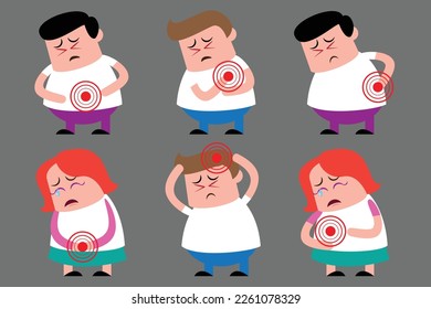 vector illustration in cartoon style , set of character man and woman pain in different parts of body. headache, migraine, backache, stomach ache.