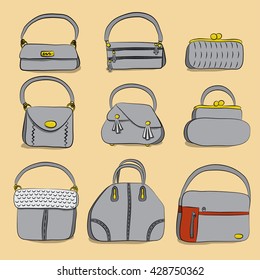 Vector illustration in cartoon style. Set of women handbag. Bag icons set. Hand drawn.