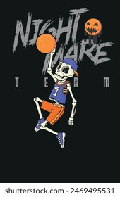 Vector illustration, in cartoon style, of a skull playing basketball.