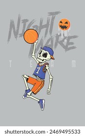 Vector illustration, in cartoon style, of a skull playing basketball.