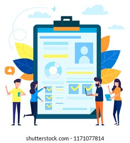 Vector illustration in a cartoon style. small characters with application form for employment. people select a resume for a job. recruitment agency. claim form