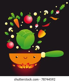 Vector Illustration in Cartoon Style - Smiling Pan and Vegetables