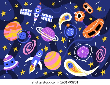 Vector illustration in cartoon style. Space background with cosmos, spaceship, rocket, planet and stars and other space elements for poster, banner web landing page or website design