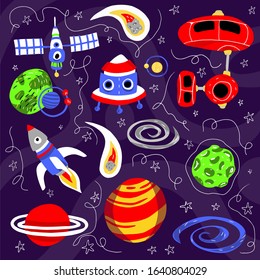 Vector illustration in cartoon style. Space background with cosmos, spaceship, rocket, planet and stars and other space elements