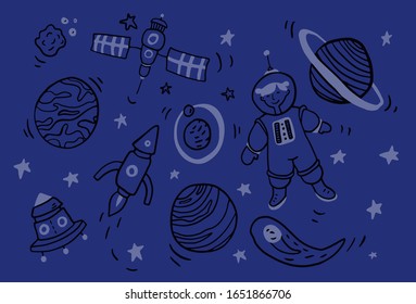 Vector illustration in cartoon style. Space dark background with cosmos, spaceship, rocket, planet and stars and other space elements