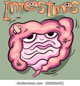 Vector illustration in cartoon style. The stylized image of the intestines. The intestines are a character.Internal human organs. Drawn by hand.