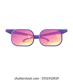 Vector illustration in cartoon style. Sunglasses with purple plastic frames and yellow lenses. A summer accessory. Sunglasses for protection from the sun. Isolated on a white background