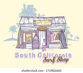 Vector illustration in cartoon style of surf shop.