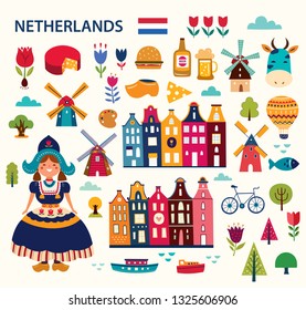 Vector illustration in cartoon style with symbols of Netherlands