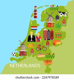 Vector illustration in cartoon style with symbols of Netherlands. Holland map with traditional design elements