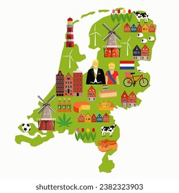 Vector illustration in cartoon style with symbols of Netherlands. Holland map with traditional design elements.