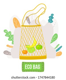 Ilustración vectorial en estilo caricatura con texto de bolsa ecológica con banana, manzana, pera, naranja dentro. Salvar la naturaleza, concepto ecológico. Bolsa de cuerdas para uso repetido, sin desperdicios. Sin concepto de plástico