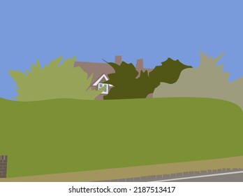 Vector Illustration Cartoon Style Of Top Part Of An English Country House With Green Bush And Trees For Use As Background Or Backdrop 