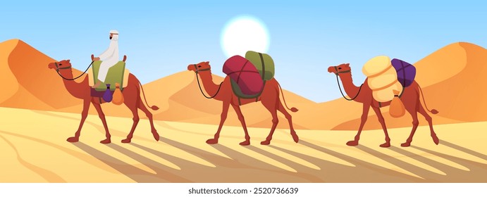 Ilustração vetorial em estilo cartoon de uma vasta paisagem desértica com dunas de areia, uma caravana de camelo e um cavaleiro. ideal para decoração sobre o tema de viagem