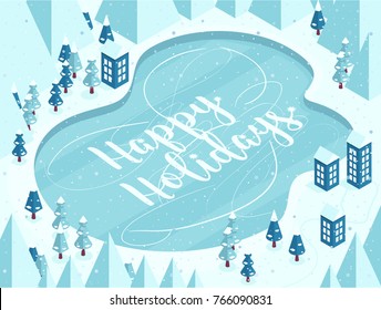 Vector illustration in cartoon style Vertical Snowy Mountains landscape with frozen lake, house, road, pines, hills, snow and hand lettering of Happy Holidays.