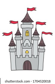 Vector illustration in cartoon style. White stone castle and red flags. Illustration clip art on a white background. Design and print on products for toddlers and children. A series of fabulous and