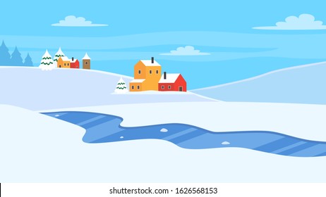 Vector illustration in cartoon style. A winter landscape with a village and a river.
