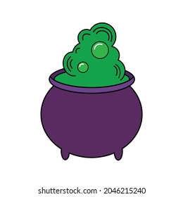 Vector illustration in cartoon style of a witch's cauldron with green bubbling potion. Design element icon for kids holiday cards posters banners