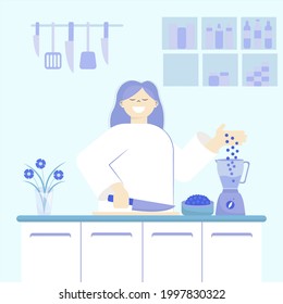  vector illustration in cartoon style, woman chef preparing smoothies in the kitchen, food, master class