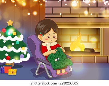 Vector Illustration cartoon style with woman sitting in comfortable armchair and knit shirt stay in the house, celebrations merry christmas and happy new year. 