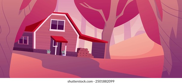 Ilustración vectorial en estilo de dibujos animados de una casa de madera con un dosel en el bosque con una hermosa puesta de sol roja. Ideal para crear un ambiente acogedor