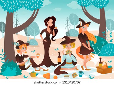 Vector illustration in cartoon style. Young witch girls in spiky hats at a picnic. Drink wine, eat oranges from a fruit basket, collect plants, read books, guess at the cards. Have fun relaxing.