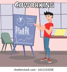 vector illustration in cartoon style, young man in coworking studio