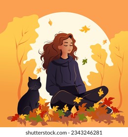 Vector illustration in cartoon style. A young pretty woman with a black cat sits in an autumn park on fallen yellow foliage.
