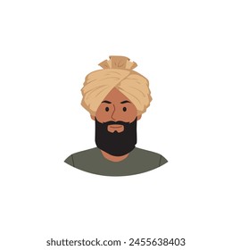 Ilustración vectorial en estilo caricatura con un joven con barba y bigote en un turbante tradicional, que refleja los tocados tradicionales de la moda india.