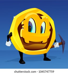 Vector illustration in cartoon style.Funny smiling gold coin with pick for mining.Crypto currency character design.
