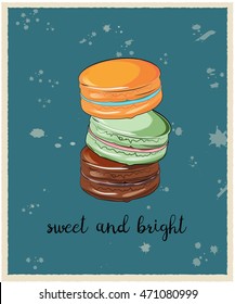 Vector illustration in cartoon style.Three  french colorful macarons are on the dark vintage background. It can be used for vintage post cards, invitation or posters