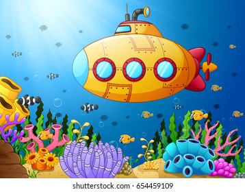 Vector illustration of Cartoon submarine underwater